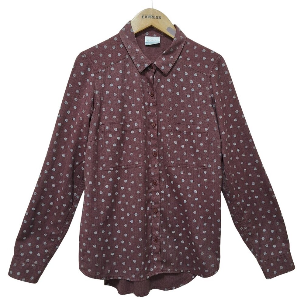 Columbia Womens M Burgandy Polka Dot Long Sleeve Button-Up Shirt M‎ Fall Casual